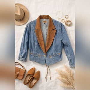 Frontier Vtg Denim Leather Cropped 1 Button Western Jacket. Ladies Size Large